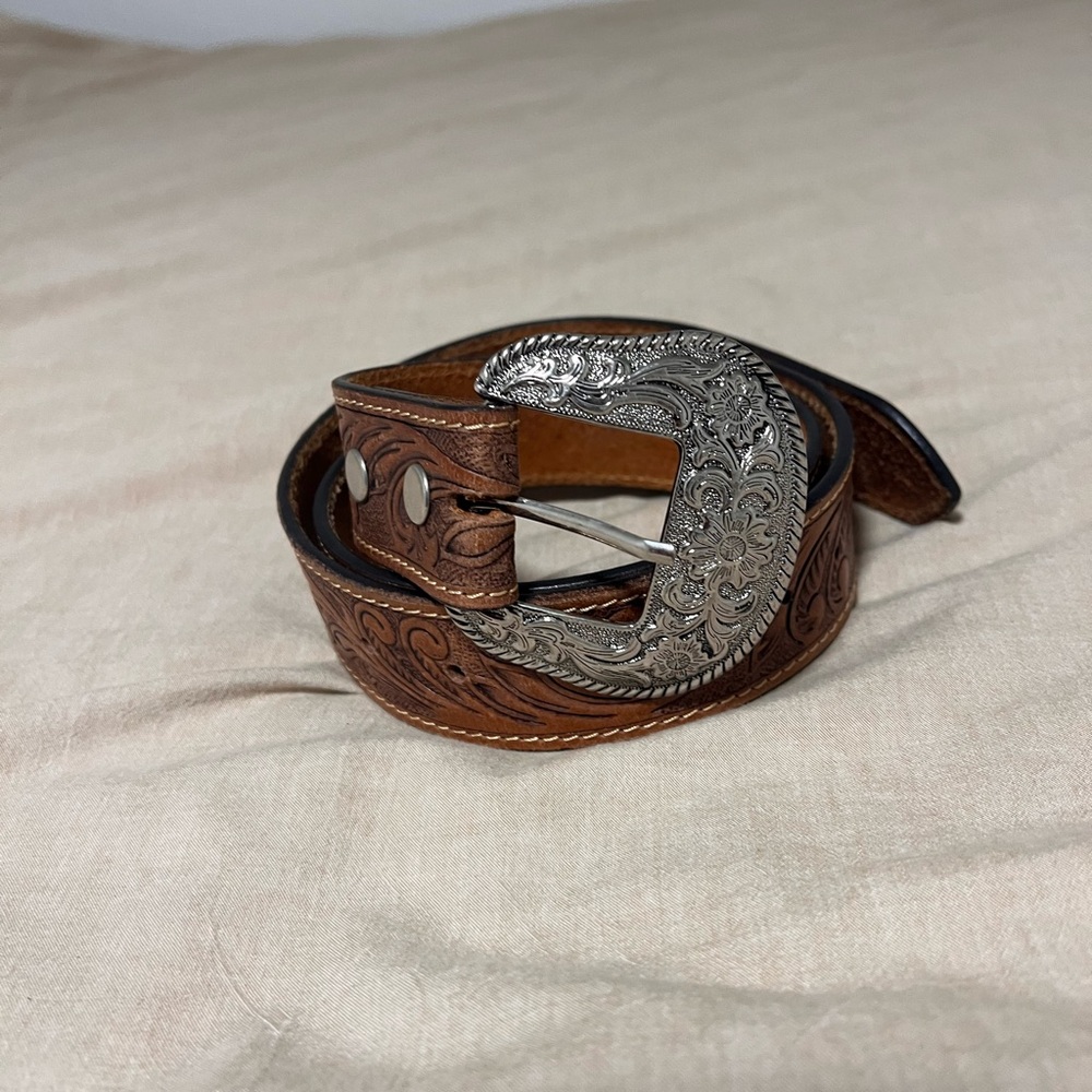 Elegant Brown Leather Belt with Intricate Silver Buckle